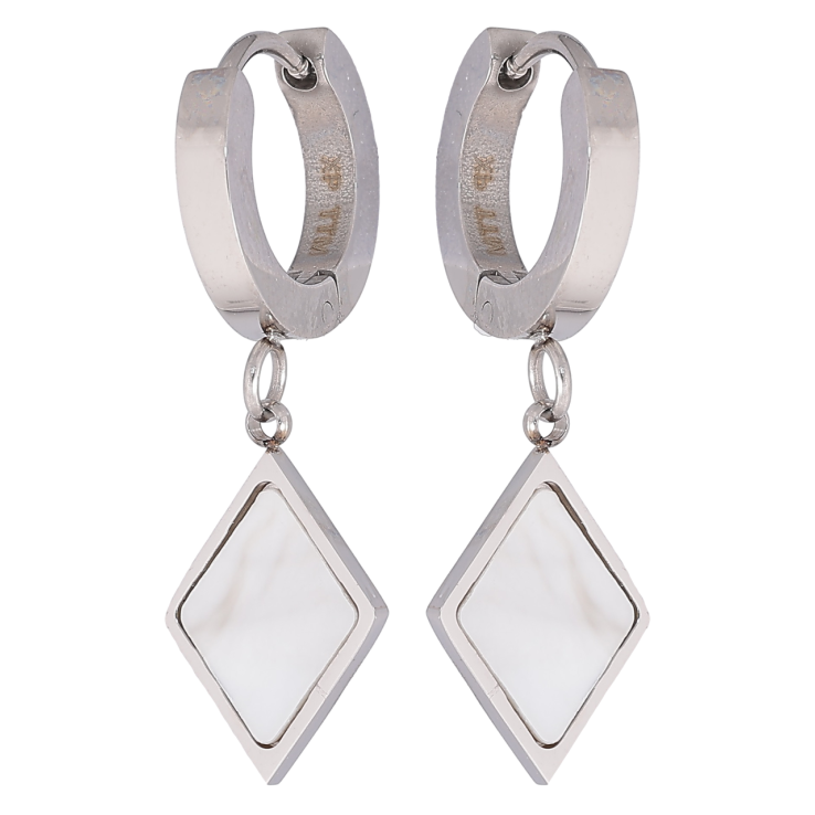 Серьги Xuping TTM Stainless Steel цвет Родий подвески на колечках Ромбы с перламутровыми вставками фото №16