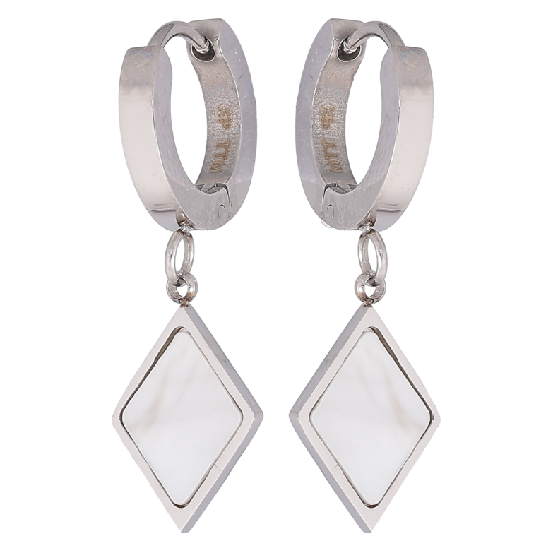 Сережки Xuping TTM Stainless Steel колір Родій підвіски на колечках «Ромби з перламутровими вставками» фото №3