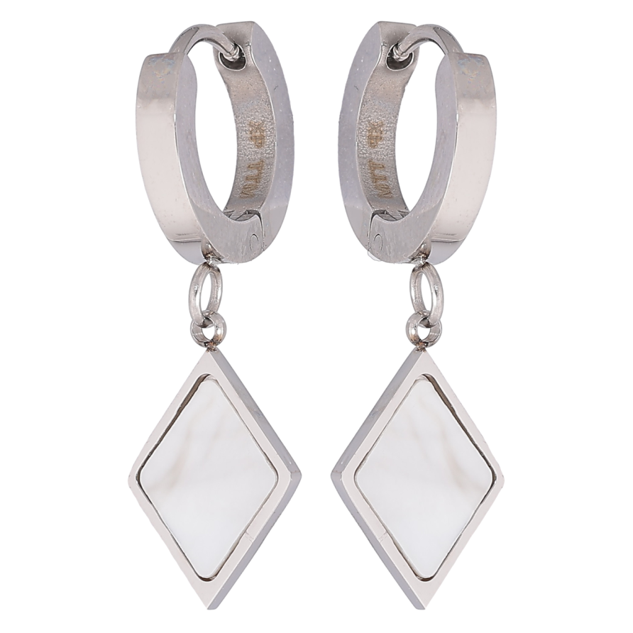 Серьги Xuping TTM Stainless Steel цвет Родий подвески на колечках Ромбы с перламутровыми вставками фото №1