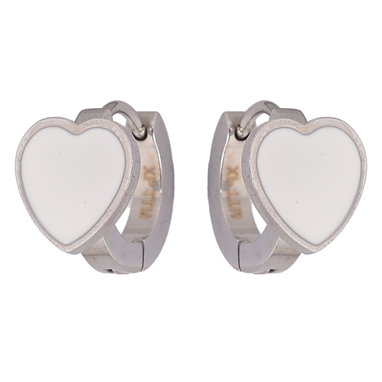 Сережки Xuping TTM Stainless Steel колір Родій колечка «Сердечка з білою емаллю» фото №1