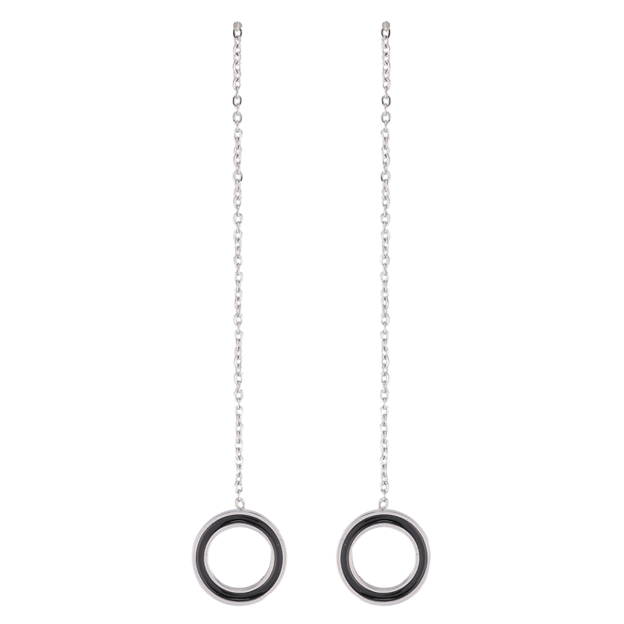 Серьги Xuping TTM Stainless Steel цвет Родий пусеты Колечки с черной эмалью на цепочке фото №1