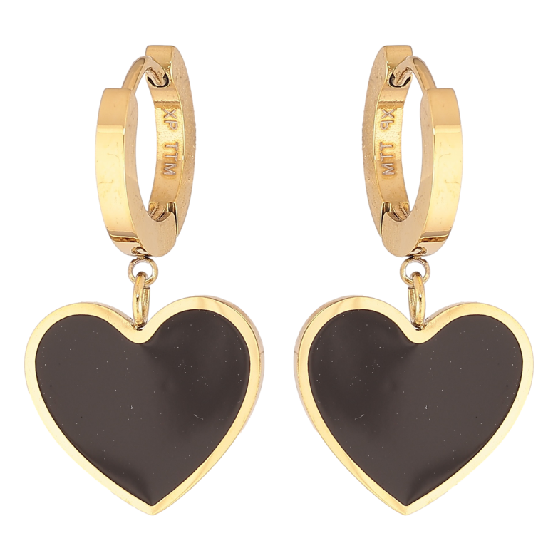 Сережки Xuping TTM Stainless Steel колір 14К підвіски на колечках «Сердечка з чорною емаллю» фото №1