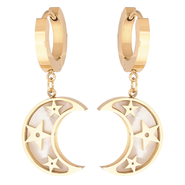Серьги Xuping TTM Stainless Steel цвет 14К подвески на колечках Полумесяц с перламутровыми вставками фото №24