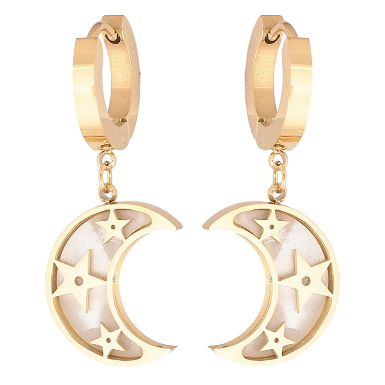 Серьги Xuping TTM Stainless Steel цвет 14К подвески на колечках Полумесяц с перламутровыми вставками фото №1