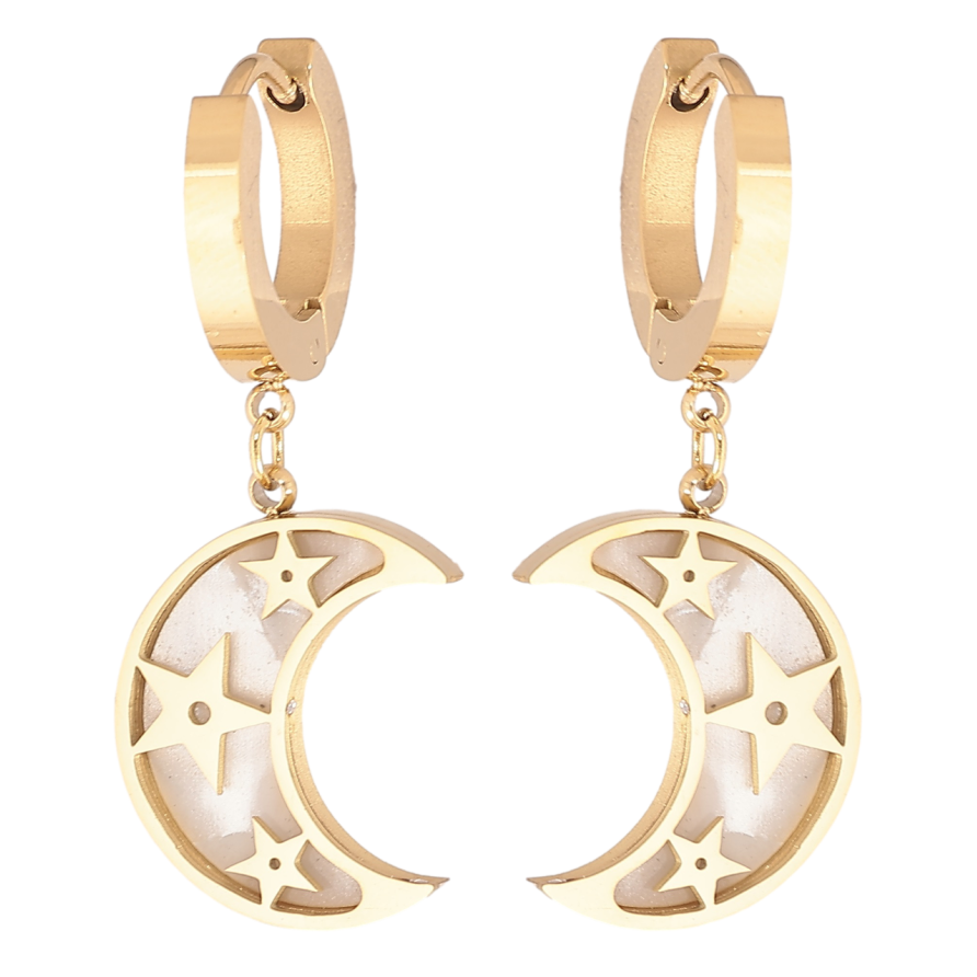 Серьги Xuping TTM Stainless Steel цвет 14К подвески на колечках Полумесяц с перламутровыми вставками фото №1