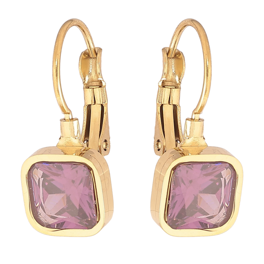 Сережки Xuping TTM Stainless Steel колір 14К французький замок «Бузкові фіаніти» 8х8мм фото №1