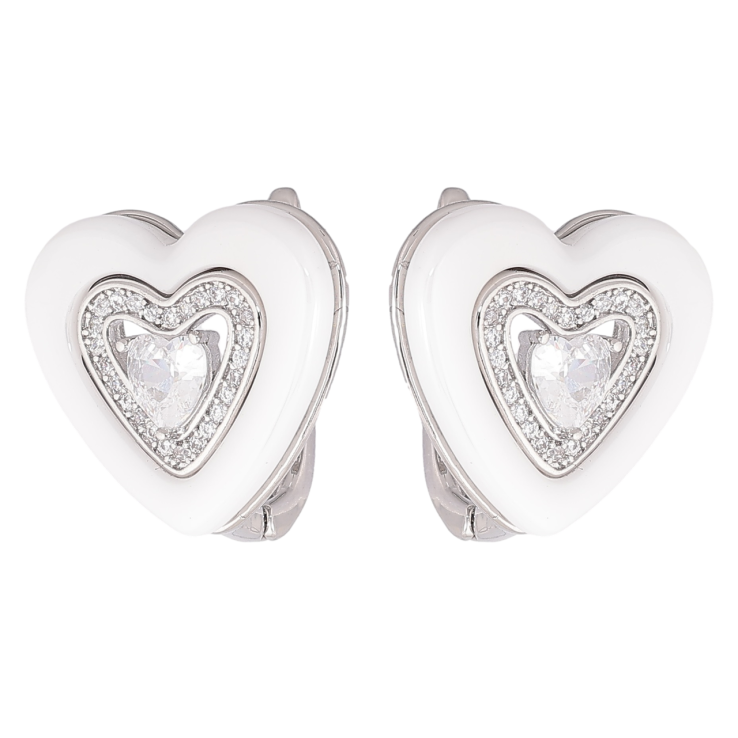 Серьги Xuping Родий английский замок Сердечки с белой керамикой и фианитами фото №6