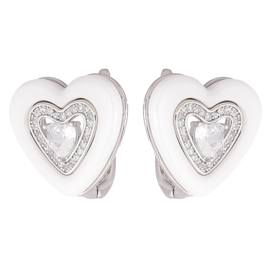 Сережки Xuping Родій англійський замок «Сердечка з білою керамікою та фіанітами» фото №1