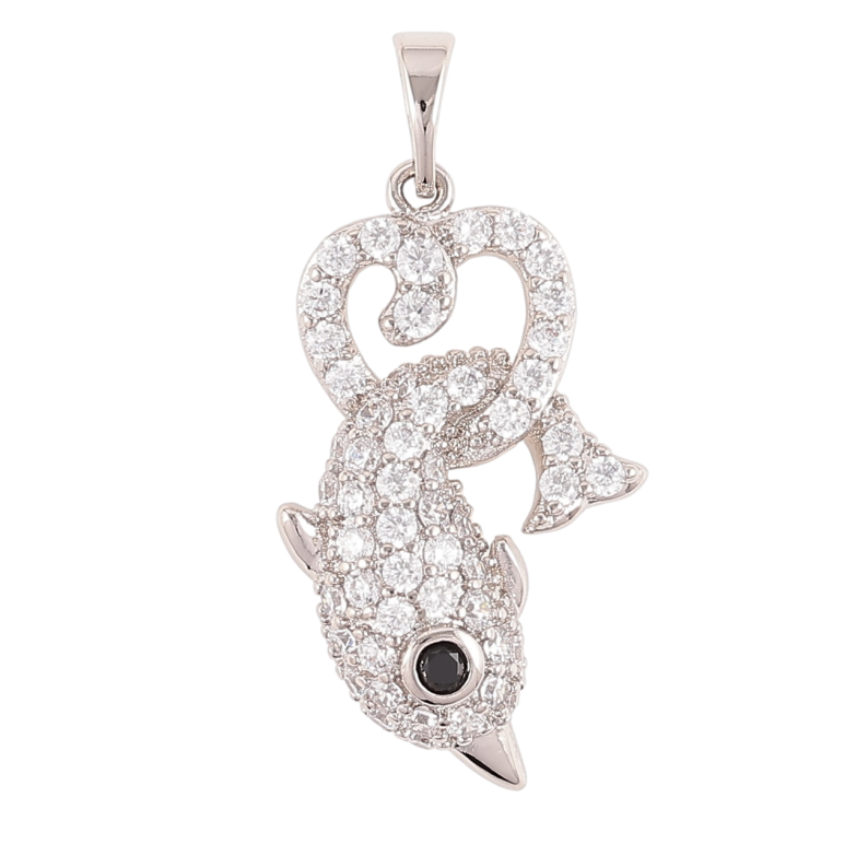 Кулон Xuping Родий Дельфин в сердечке с инкрустацией цирконием для цепочки до 5мм фото №1