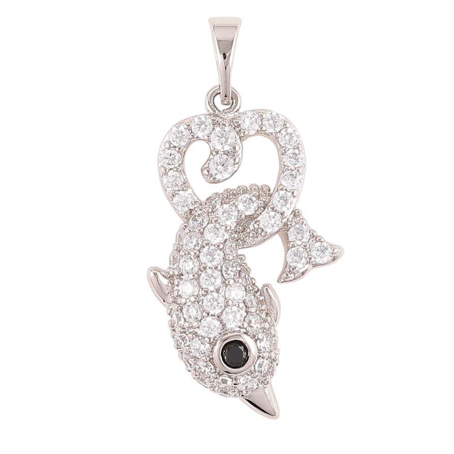Кулон Xuping Родій «Дельфін у сердечку з інкрустацією цирконієм» для ланцюжка до 5мм фото №1