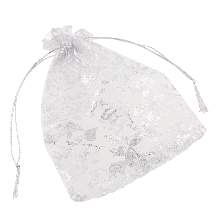 Мішечок подарунковий з органзи «Квітковий срібний візерунок, колір білий» розмір 11х14см ціна за 1 шт. фото №4