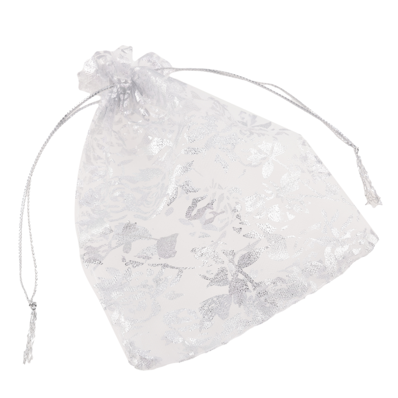Мішечок подарунковий з органзи «Квітковий срібний візерунок, колір білий» розмір 11х14см ціна за 1 шт. фото №1
