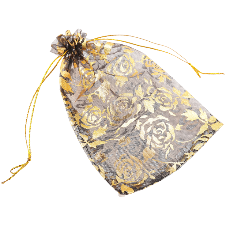 Мішечок подарунковий з органзи «Квітковий золотистий візерунок, колір чорний» розмір 11х14см ціна за 1 шт. фото №6