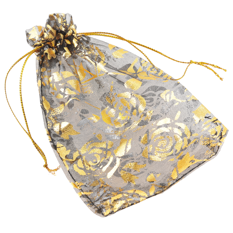 Мішечок подарунковий з органзи «Квітковий золотистий візерунок, колір чорний» розмір 9х14см ціна за 1 шт. фото №1 Мішечок подарунковий з органзи «Квітковий золотистий візерунок, колір чорний» розмір 9х14см ціна за 1 шт. фото №1