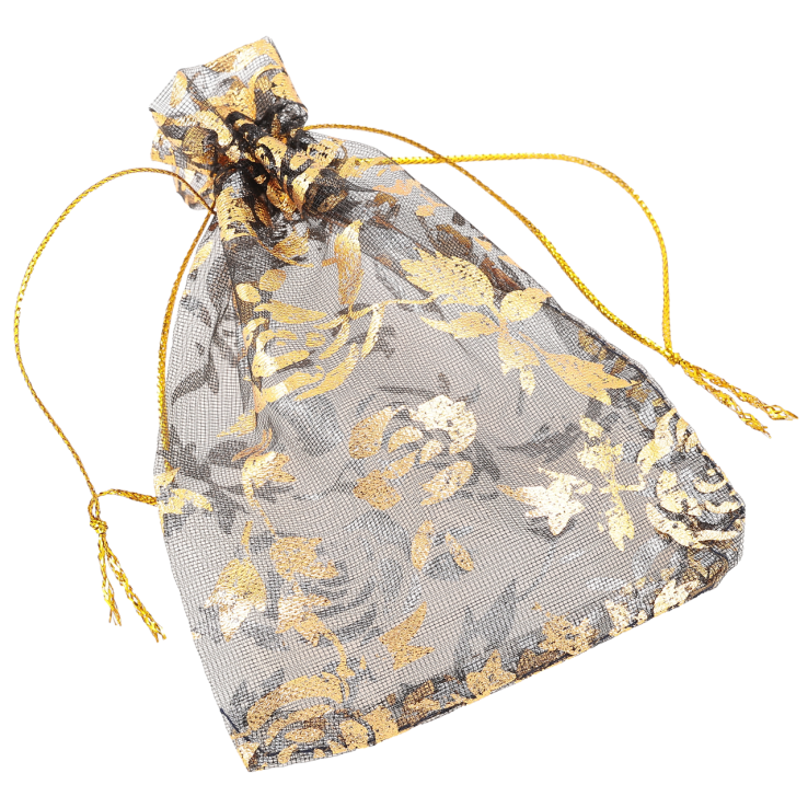 Мішечок подарунковий з органзи «Квітковий золотистий візерунок, колір чорний» розмір 8х12см ціна за 1 шт. фото №5