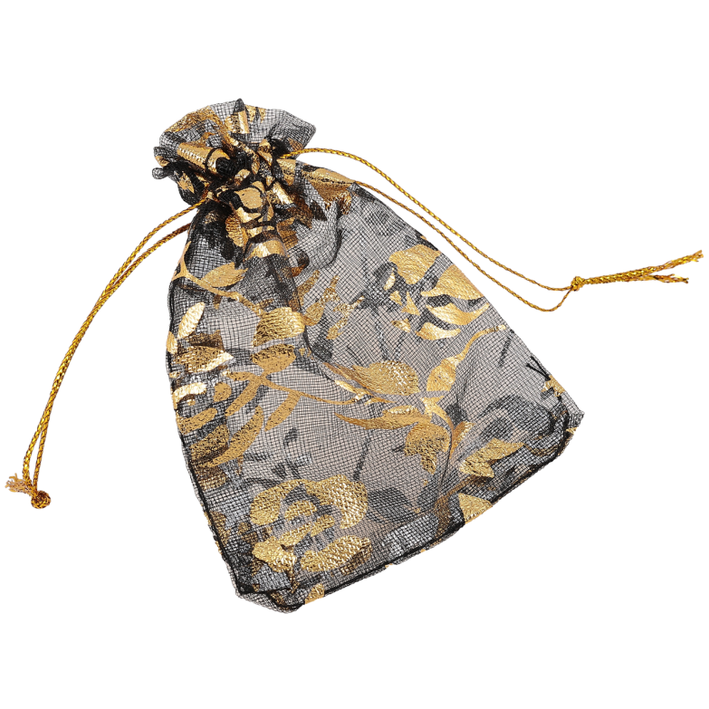 Мішечок подарунковий з органзи «Квітковий золотистий візерунок, колір чорний» розмір 7х9см ціна за 1 шт. фото №1 Мішечок подарунковий з органзи «Квітковий золотистий візерунок, колір чорний» розмір 7х9см ціна за 1 шт. фото №1