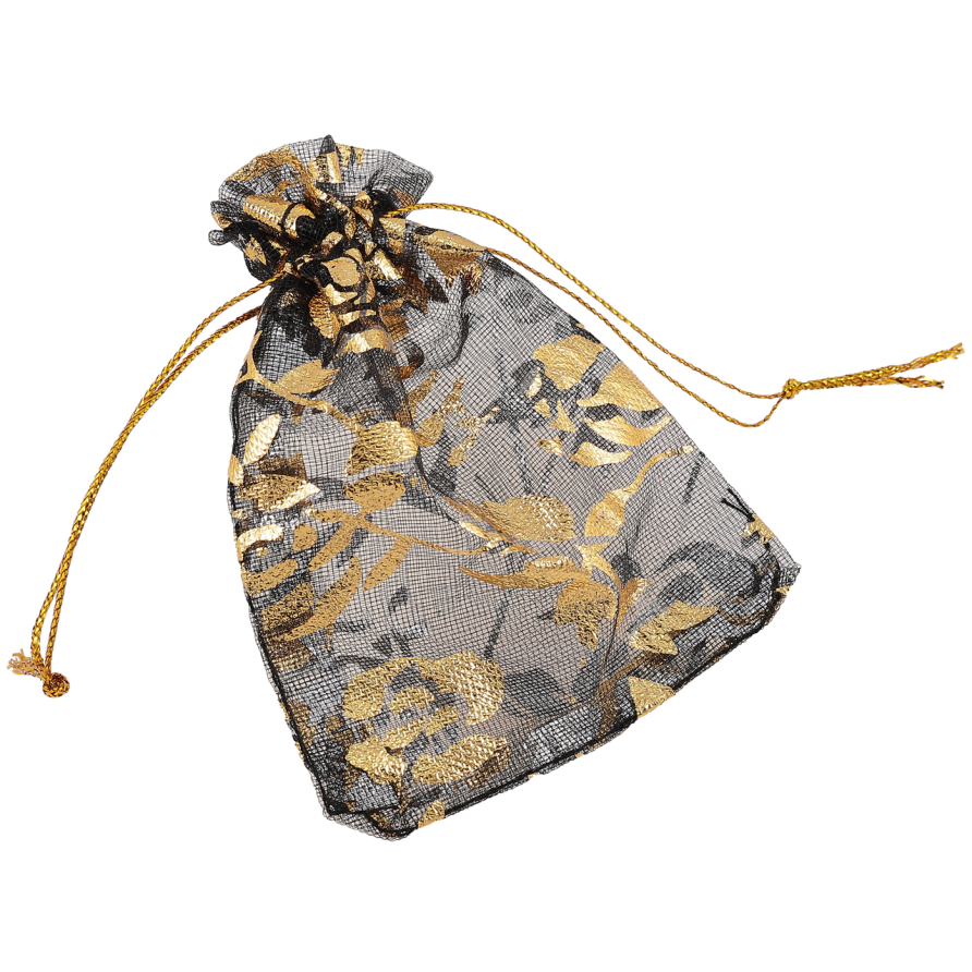Мішечок подарунковий з органзи «Квітковий золотистий візерунок, колір чорний» розмір 7х9см ціна за 1 шт. фото №1 Мішечок подарунковий з органзи «Квітковий золотистий візерунок, колір чорний» розмір 7х9см ціна за 1 шт. фото №1