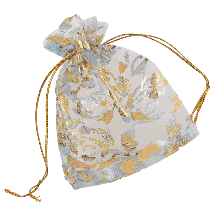 Мішечок подарунковий з органзи «Квітковий золотистий візерунок, колір сіро-блакитний» розмір 7х9см ціна за 1 шт. фото №18