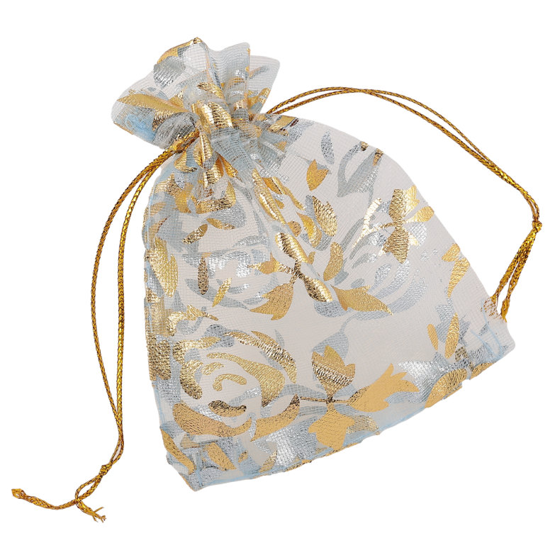 Мішечок подарунковий з органзи «Квітковий золотистий візерунок, колір сіро-блакитний» розмір 7х9см ціна за 1 шт. фото №2 Мішечок подарунковий з органзи «Квітковий золотистий візерунок, колір сіро-блакитний» розмір 7х9см ціна за 1 шт. фото №2