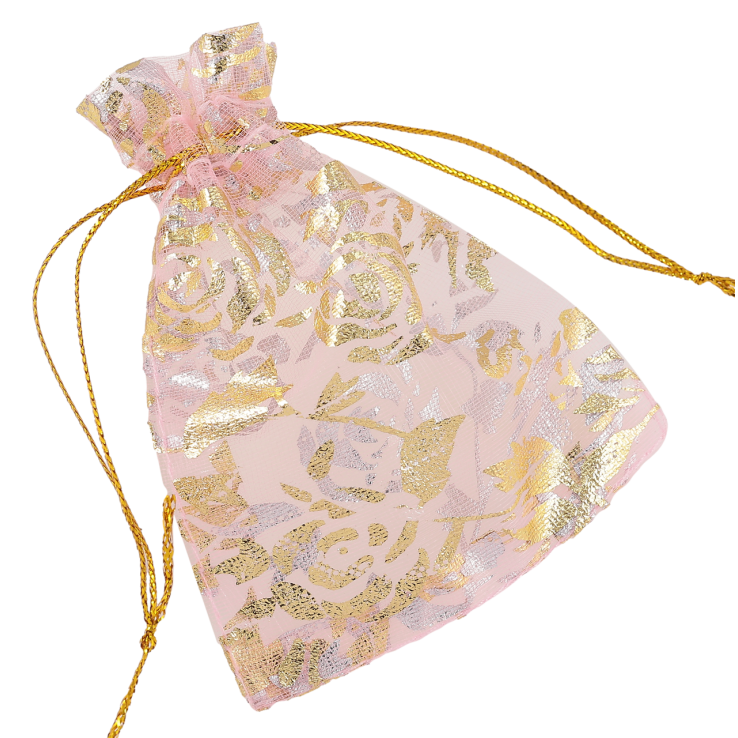 Мішечок подарунковий з органзи «Квітковий золотистий візерунок, колір рожевий» розмір 8х10см ціна за 1 шт. фото №7