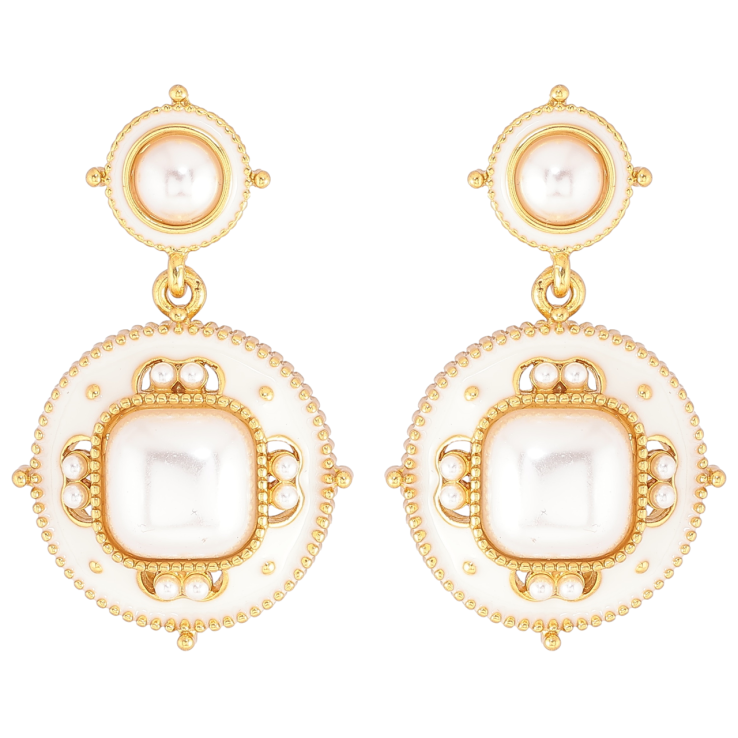 Сережки Xuping QQMM Позолота 14K пусети «Круглі підвіски з білою емаллю та перловими вставками» фото №3