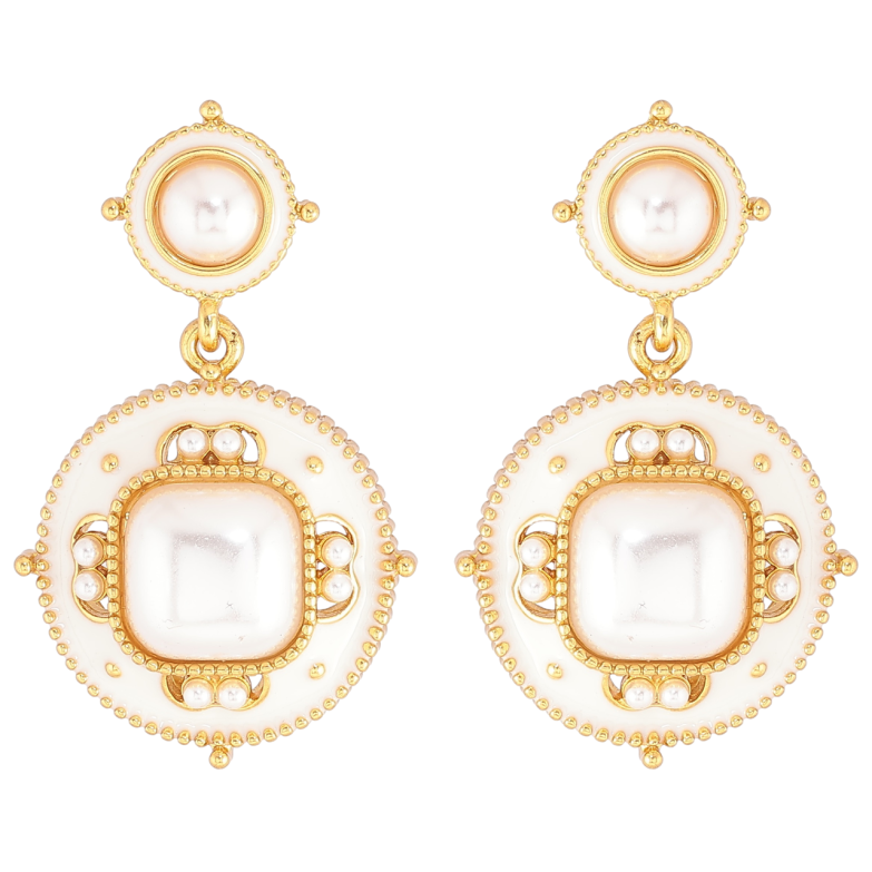 Сережки Xuping QQMM Позолота 14K пусети «Круглі підвіски з білою емаллю та перловими вставками» фото №2