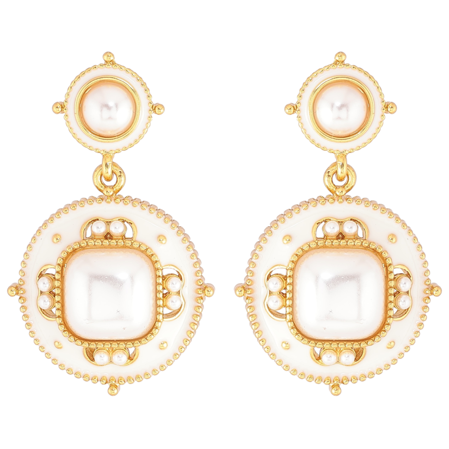 Сережки Xuping QQMM Позолота 14K пусети «Круглі підвіски з білою емаллю та перловими вставками» фото №1