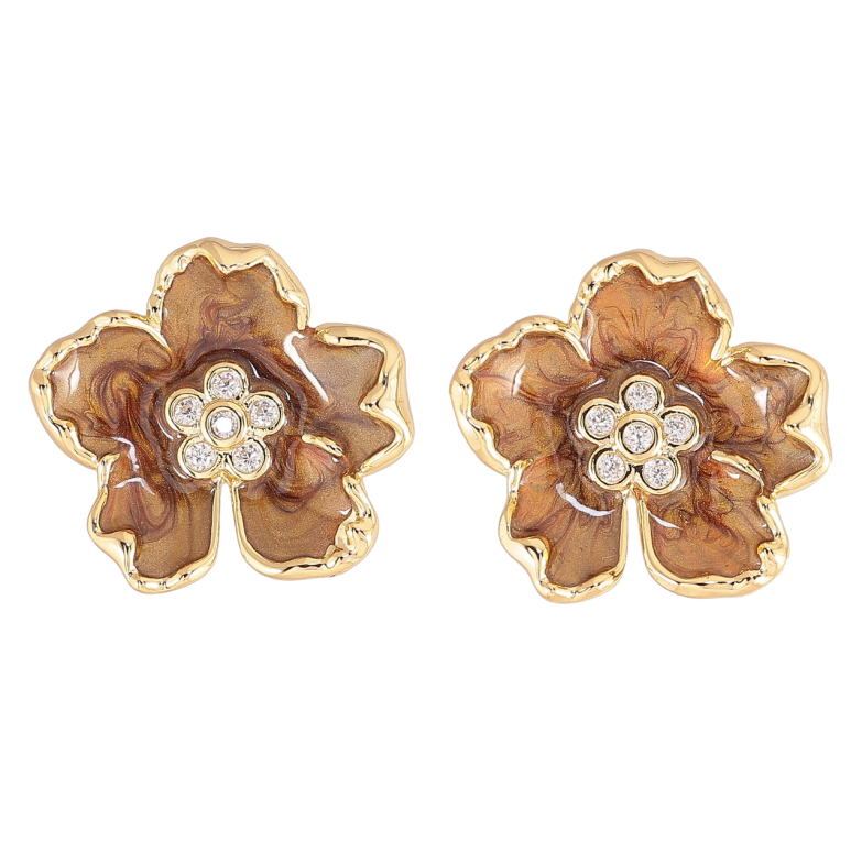 Сережки Xuping QQMM Позолота 14K пусети «Квіточки з коричневою перламутровою емаллю» фото №1
