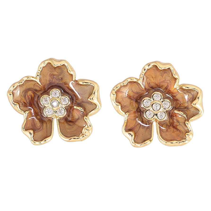 Сережки Xuping QQMM Позолота 14K пусети «Квіточки з коричневою перламутровою емаллю» фото №1