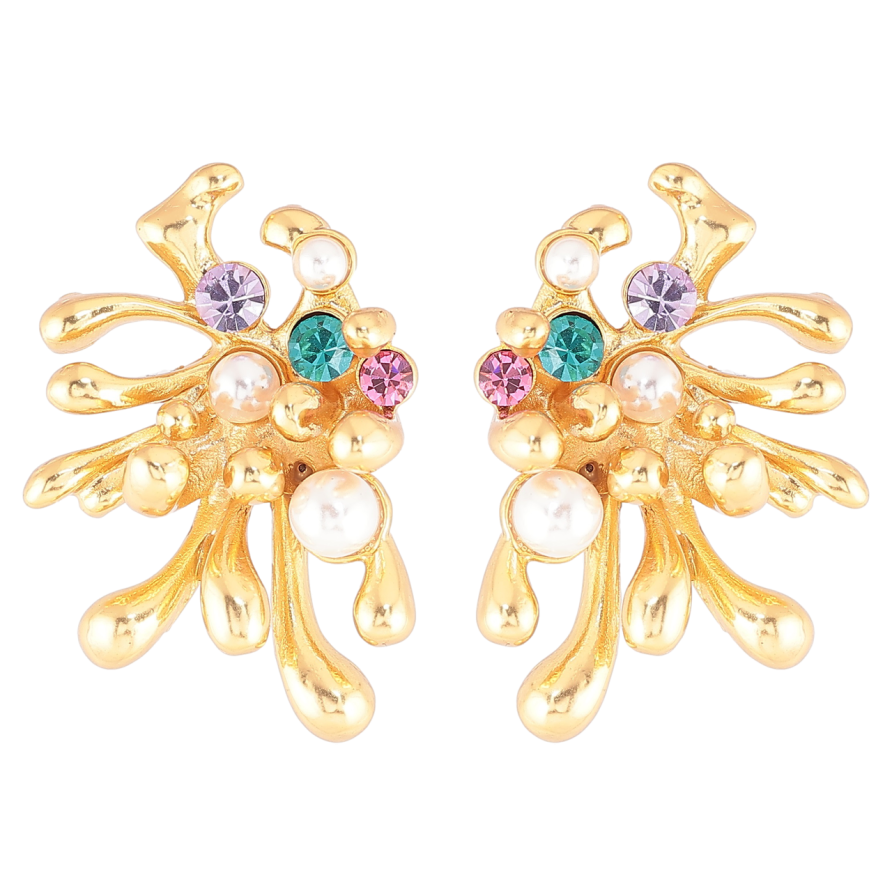 Сережки Xuping QQMM Позолота 14K пусети «Бризки з кольоровими кристалами та перлинами» фото №1