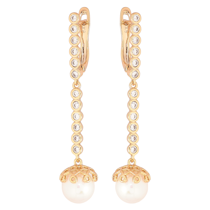 Сережки Xuping Позолота 18K англійський замок «Перлинні підвіски з доріжками цирконію» фото №1