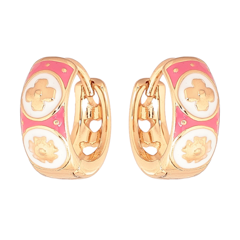 Серьги Xuping Позолота 18K колечки Узор с розово-белой эмалью фото №2 Серьги Xuping Позолота 18K колечки Узор с розово-белой эмалью фото №2