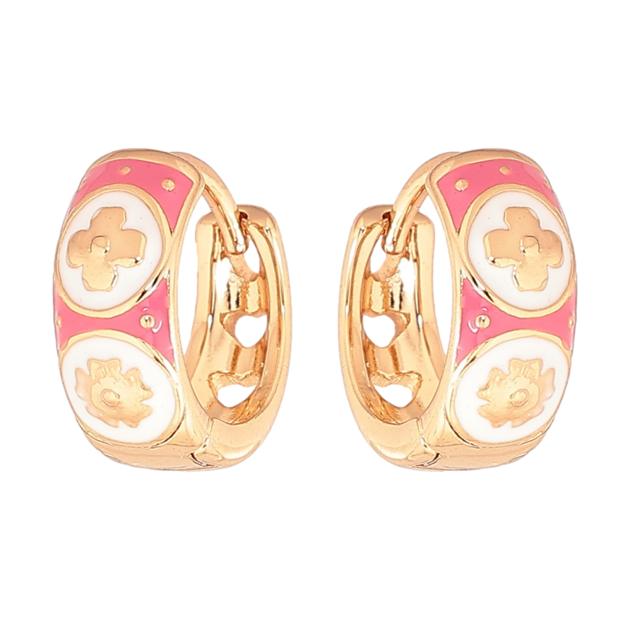 Серьги Xuping Позолота 18K колечки Узор с розово-белой эмалью фото №1 Серьги Xuping Позолота 18K колечки Узор с розово-белой эмалью фото №1