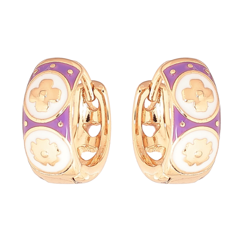 Серьги Xuping Позолота 18K колечки Узор с сиренево-белой эмалью фото №1 Серьги Xuping Позолота 18K колечки Узор с сиренево-белой эмалью фото №1