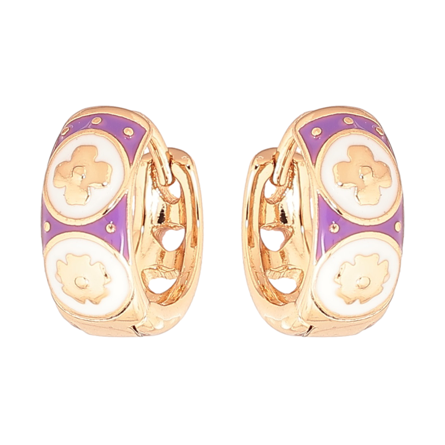 Сережки Xuping Позолота 18K колечка «Візерунок з бузково-білою емаллю» фото №1 Сережки Xuping Позолота 18K колечка «Візерунок з бузково-білою емаллю» фото №1
