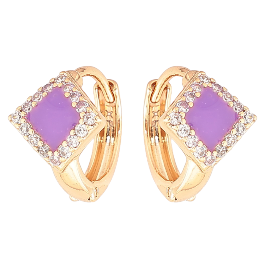 Серьги Xuping Позолота 18K колечки Сиреневые эмалевые ромбы в обрамлении циркония фото №1 Серьги Xuping Позолота 18K колечки Сиреневые эмалевые ромбы в обрамлении циркония фото №1