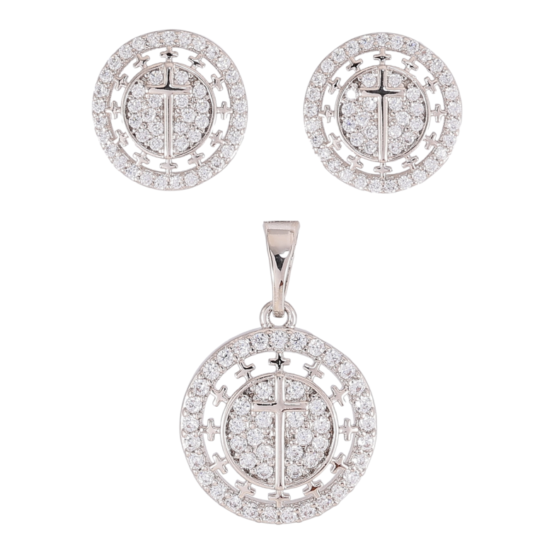 Набор Xuping Родий Серьги Кулон Круги с Крестиками и инкрустацией цирконием фото №1 Набор Xuping Родий Серьги Кулон Круги с Крестиками и инкрустацией цирконием фото №1
