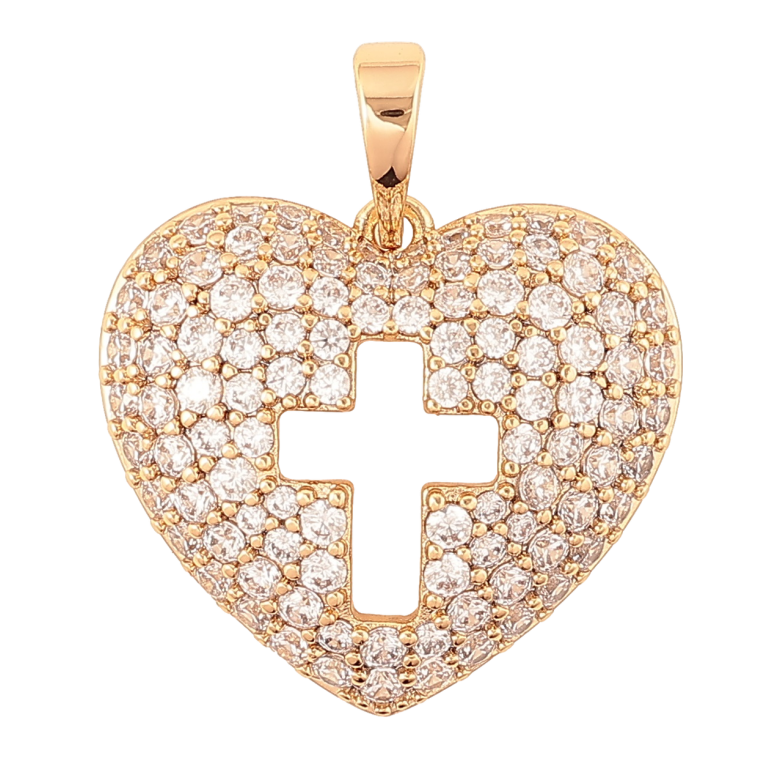 Кулон Xuping Позолота 18K Объемное сердечко с инкрустацией цирконием и крестиком для цепочки до 6мм фото №1