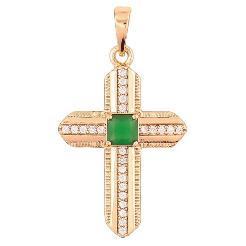 Кулон Xuping Позолота 18K Хрест з цирконієм і зеленим кристалом для ланцюжка до 6мм фото №1