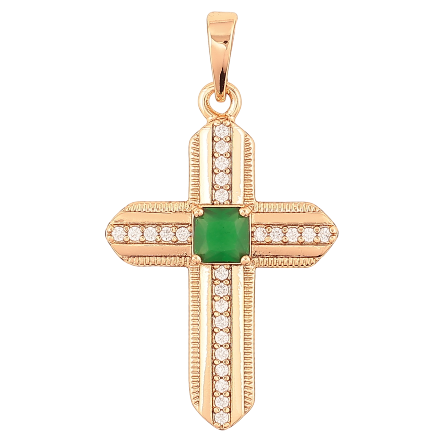 Кулон Xuping Позолота 18K Хрест з цирконієм і зеленим кристалом для ланцюжка до 6мм фото №1