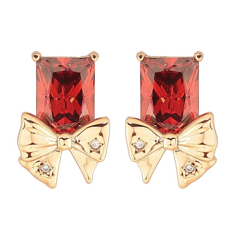 Сережки Xuping Позолота 18K пусети «Червоні кристали з бантами» фото №1