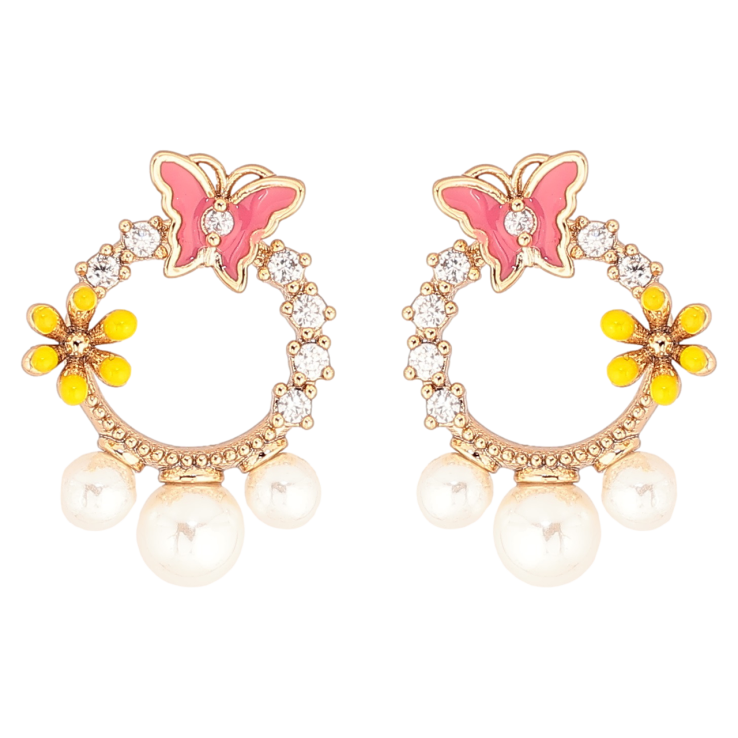 Серьги Xuping Позолота 18K пусеты Колечки с бабочками, цветочками и жемчужинами фото №10