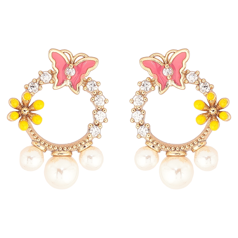 Серьги Xuping Позолота 18K пусеты Колечки с бабочками, цветочками и жемчужинами фото №1