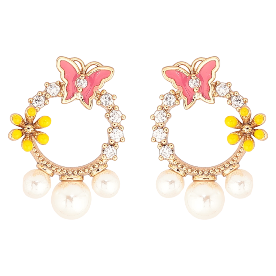 Серьги Xuping Позолота 18K пусеты Колечки с бабочками, цветочками и жемчужинами фото №1