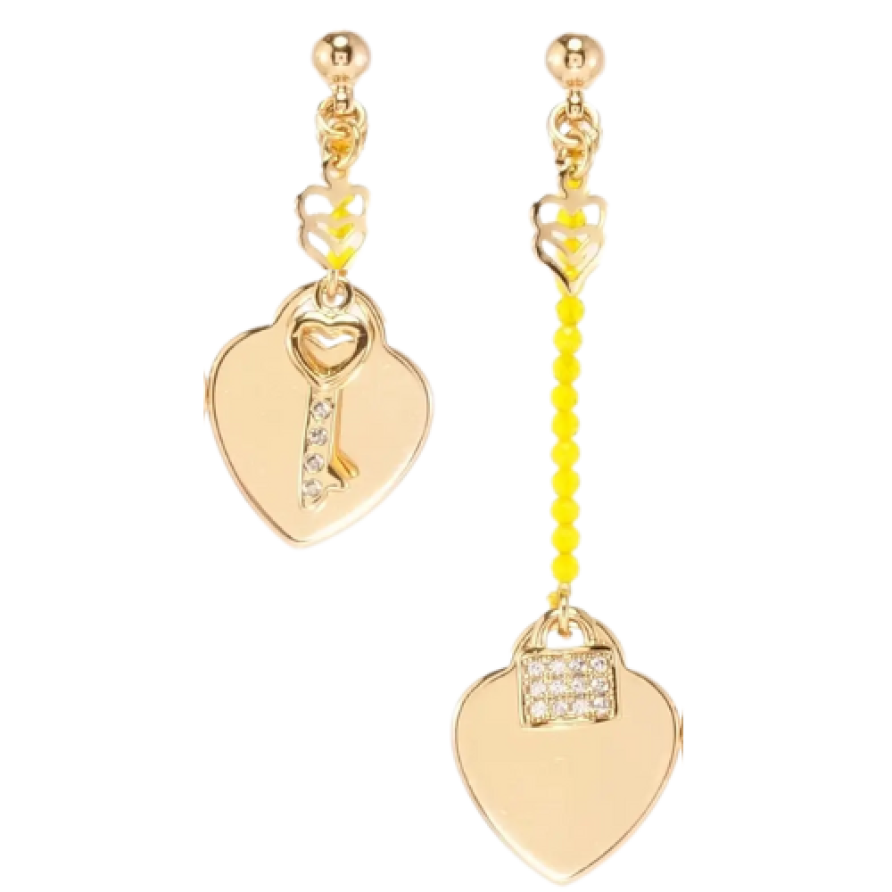 Сережки Xuping Позолота 18K пусети Сердечки із замочком та ключиком на мотузці з жовтими намистинами фото №1