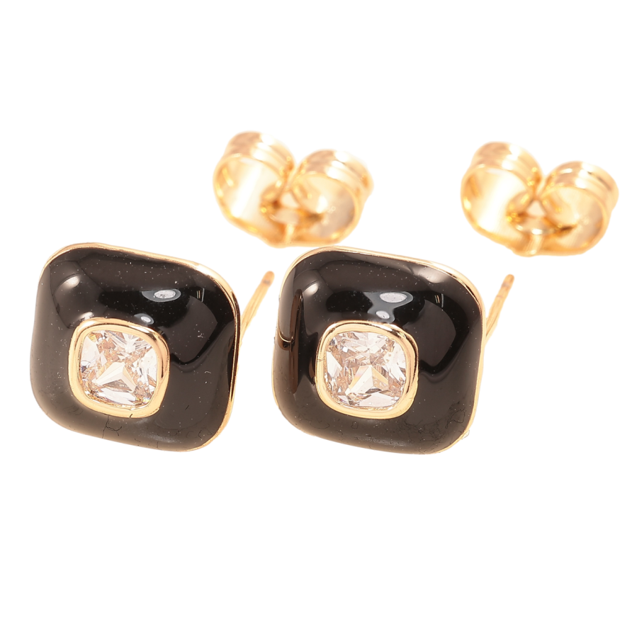 Сережки Xuping Позолота 18K пусети «Квадрати з чорною емаллю і цирконієм» 10х10мм фото №1