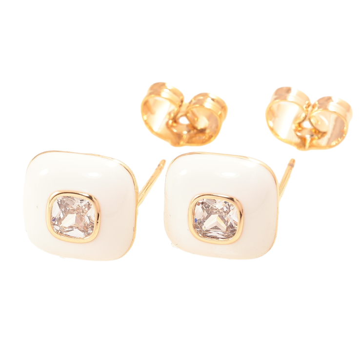 Серьги Xuping Позолота 18K пусеты Квадраты с белой эмалью и цирконием 10х10мм фото №12
