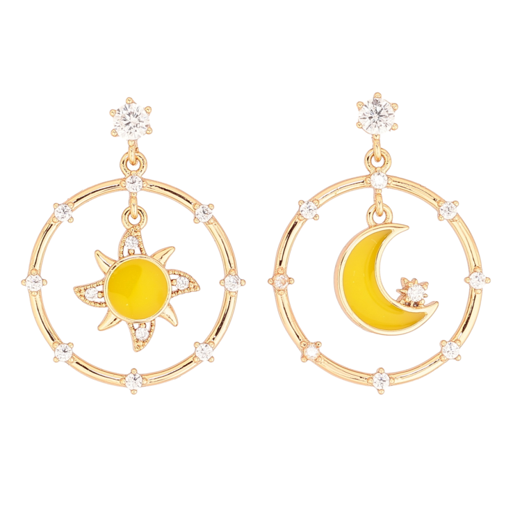 Сережки Xuping Позолота 18K пусети «Сонце і Місяць з цирконієм і жовтою емаллю» фото №7