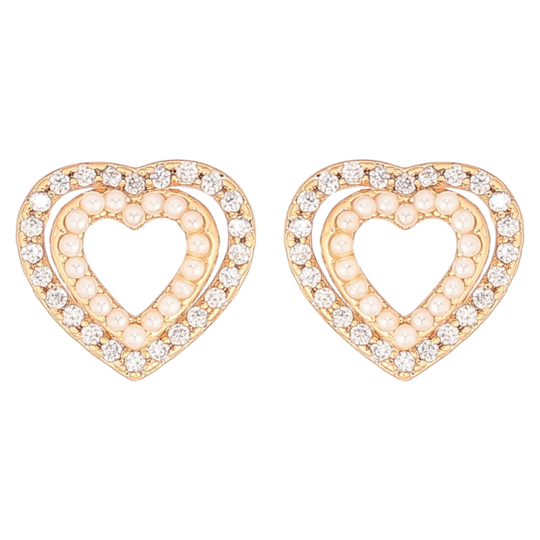 Серьги Xuping Позолота 18K пусеты Сердечки с цирконием и жемчужинками фото №1