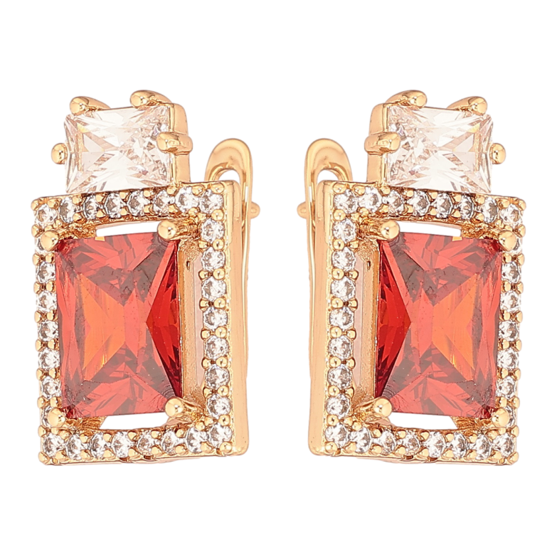 Сережки Xuping Позолота 18K англійський замок «Червоні кристали в обрамленні цирконію» фото №1